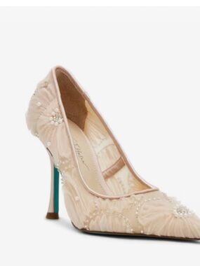 Betsey Johnson Nude Beaded Tulle Pointed Pump with Teal Heel